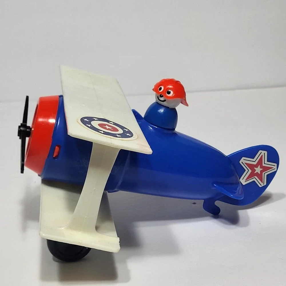 Vintage Fisher Price Little People Blue Biplane Airplane Toy with Pilot Figure